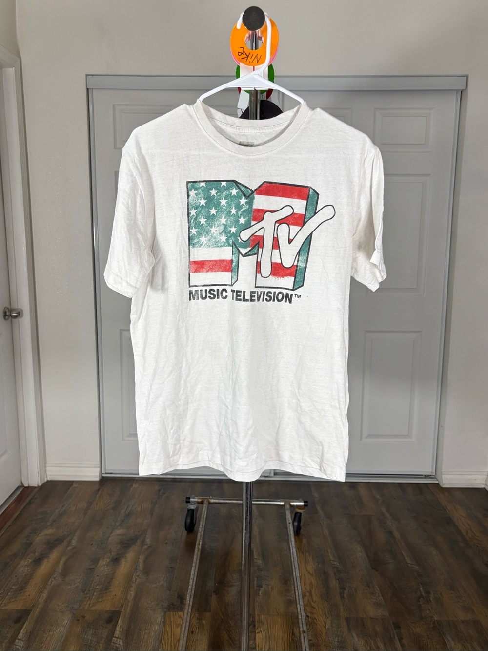 MTV White Tee with Red, Blue and Green Flag Graphic